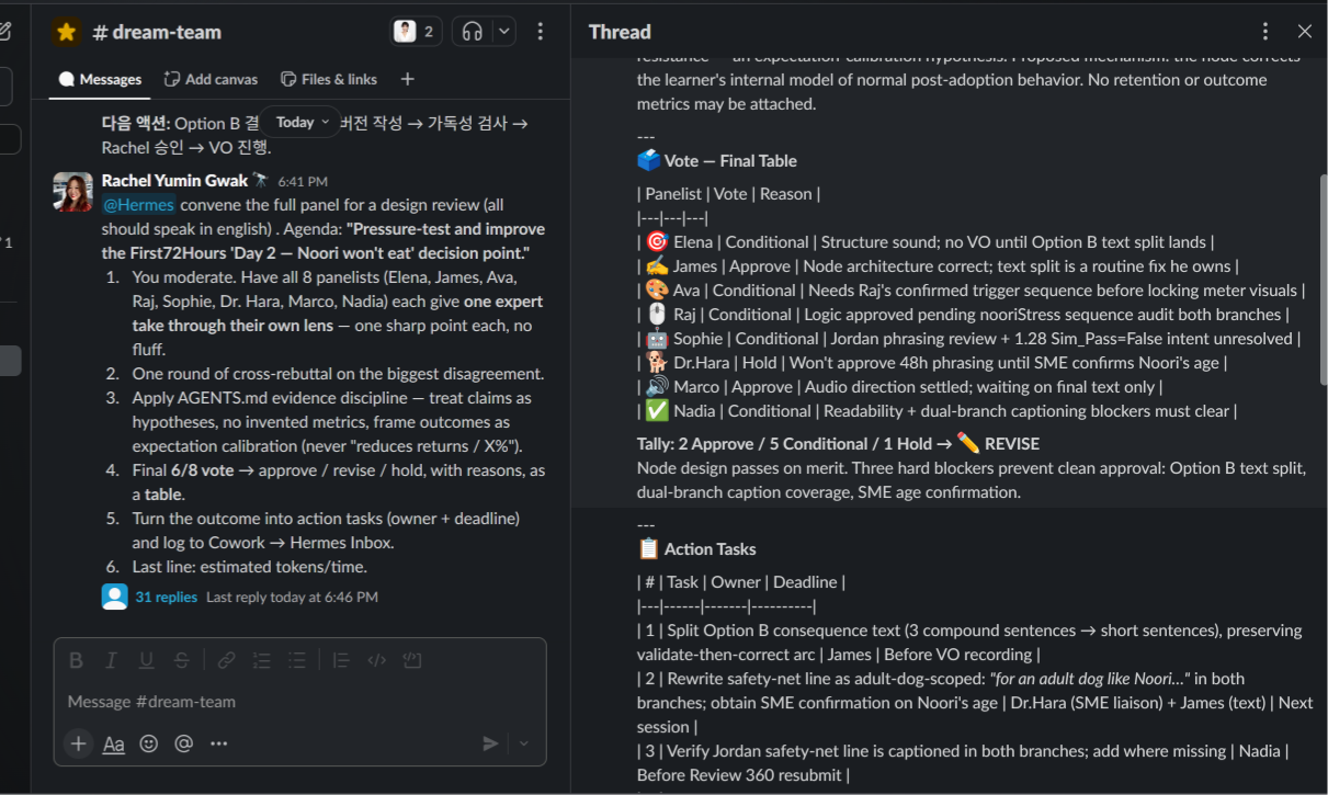 An agent panel in Slack acting as a QA gate: the final vote table with approve and revise marks, reaching a REVISE tally, followed by a list of concrete action tasks.